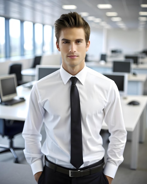 A Man in a white shirt and black tie stands in front of computer Table