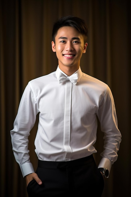 A man in a white shirt and bow tie smiles at the camera.