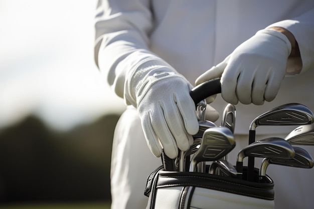 a man in a white shirt holding golf clubs at sunset on the background blur and bokeh