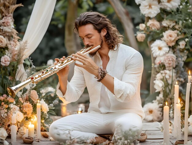 Photo a man in a white shirt is playing a flute with a flute