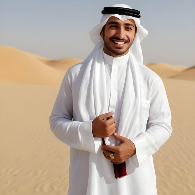 Photo a man in a white shirt is smiling in the desert