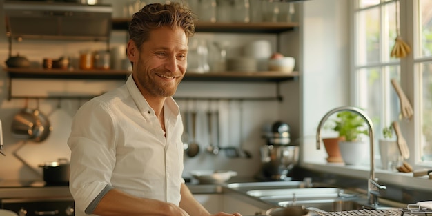 a man in a white shirt is smiling at a kitchen counter