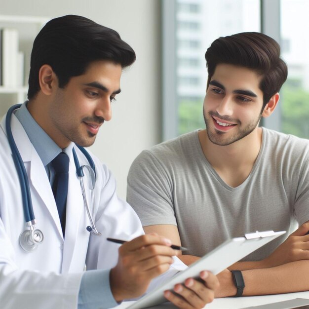 a man in a white shirt is smiling while a man is looking at his phone