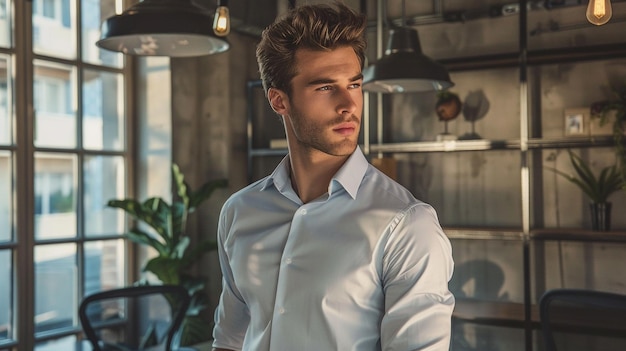 Photo a man in a white shirt is standing in front of a wall with a lamp