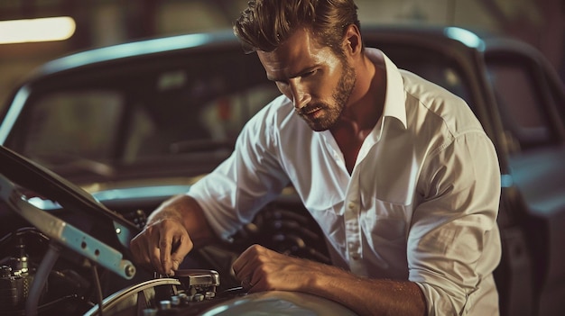 Photo a man in a white shirt is working on a car with a shirt that says quot no quot