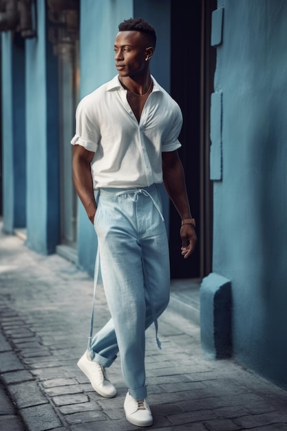 A man in a white shirt and light blue jeans walks down a street.