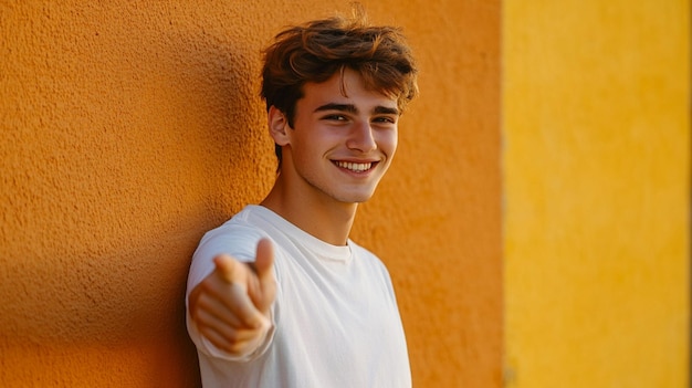 Photo a man in a white shirt pointing at the camera