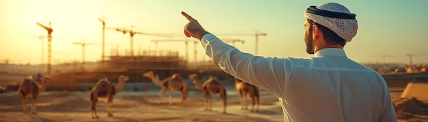 Photo man in white shirt points to construction site with camels in the foreground realistic image