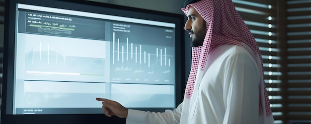 a man in a white shirt and red scarf stands in front of a computer screen with his hand visible on the left side of the screen