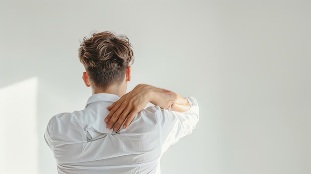 Photo a man in a white shirt rubs his shoulder likely experiencing pain or discomfort