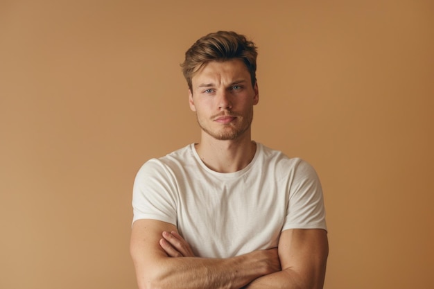 A man in a white shirt standing with his arms crossed Suitable for business and corporate concepts