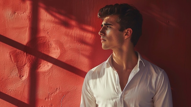 a man in a white shirt stands against a red wall