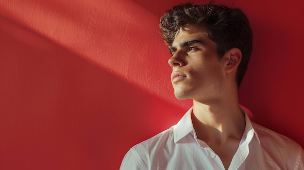 a man in a white shirt stands against a red wall