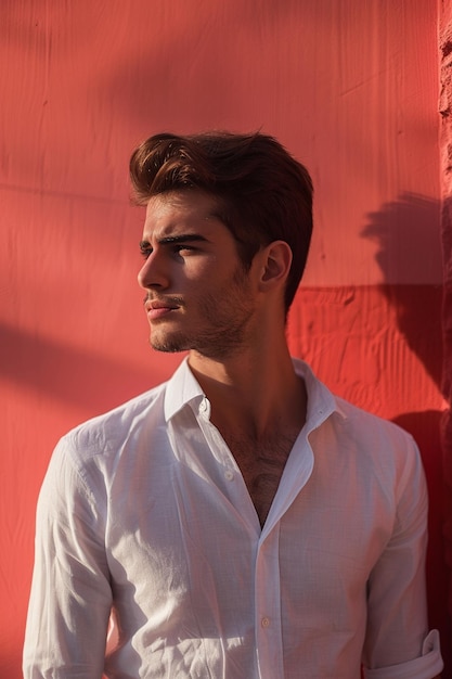 a man in a white shirt stands against a red wall