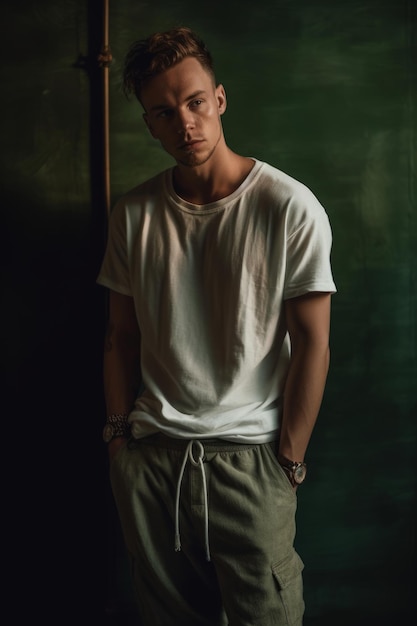 A man in a white shirt stands in front of a blackboard.