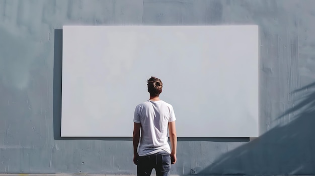 A man in a white shirt stands in front of a blank wall He is looking at the wall with his hands behind his back