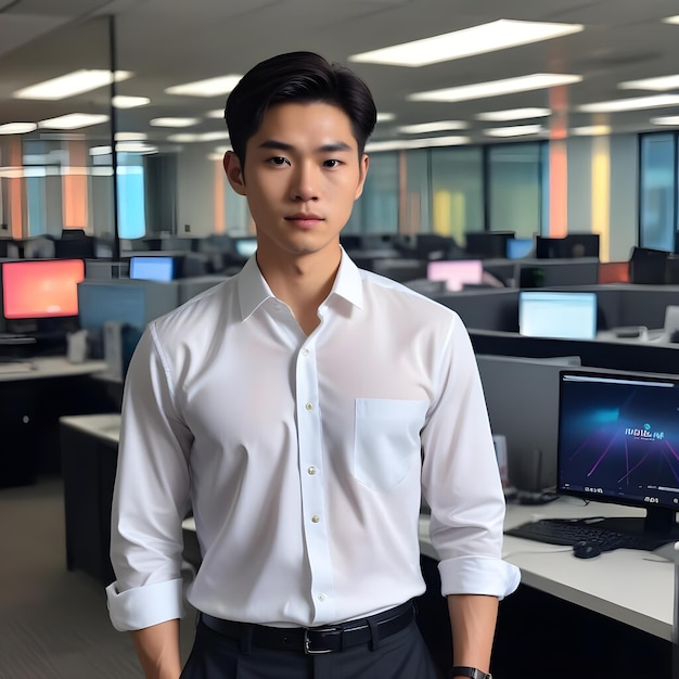 a man in a white shirt stands in front of a computer monitor