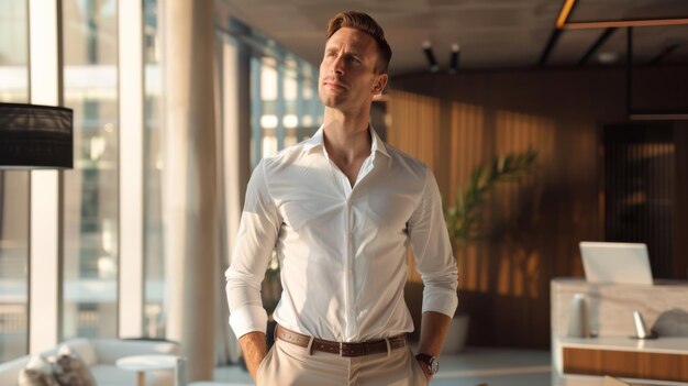 Photo a man in a white shirt stands in front of a large window