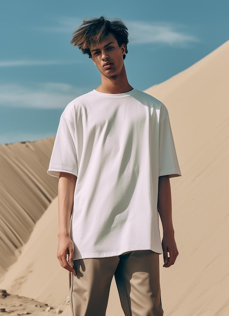 A man in a white shirt stands in front of a sand dune.