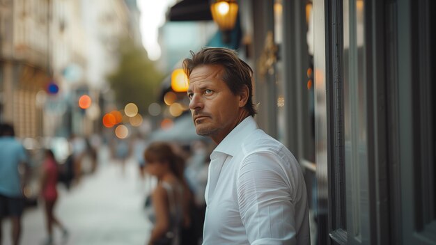 a man in a white shirt stands in front of a storefront