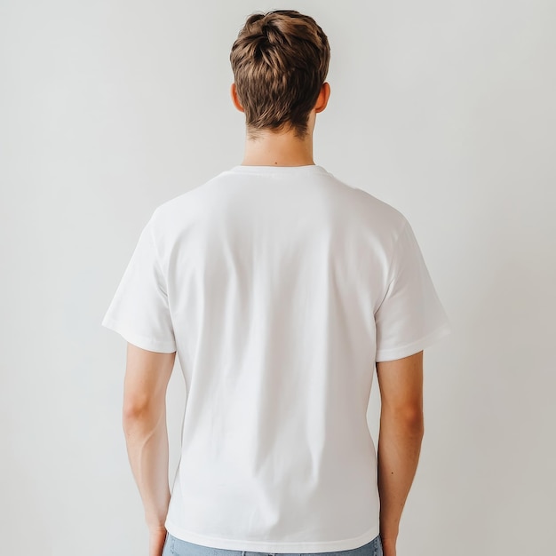 a man in a white shirt stands in front of a white wall