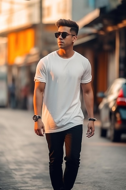 A man in a white shirt stands in a street wearing a gold chain.