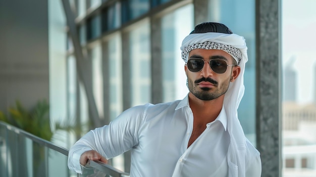 a man in a white shirt and sunglasses stands in front of a building