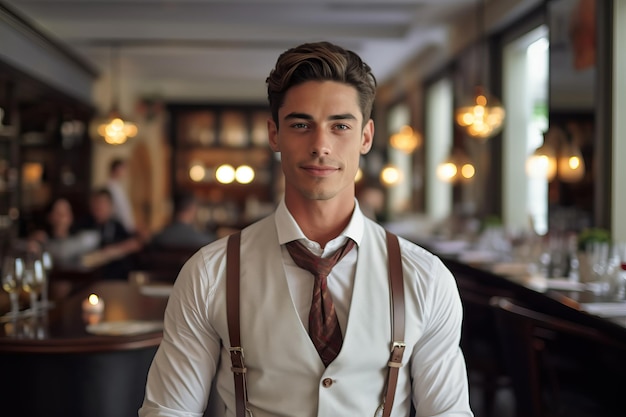 A man in a white shirt and suspenders stands in a restaurant.