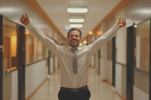 Man in white shirt and tie in hallway