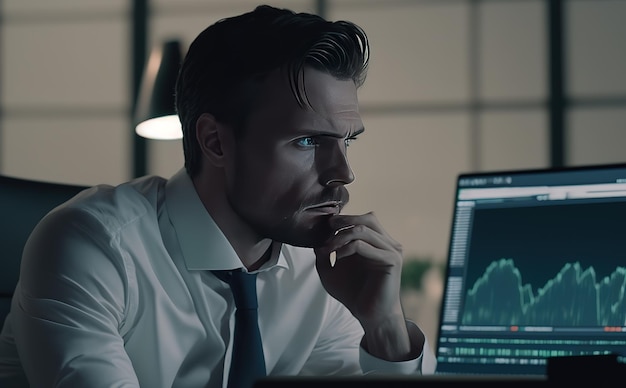 A man in a white shirt and tie looks at a laptop screen with a graph of stock exchange