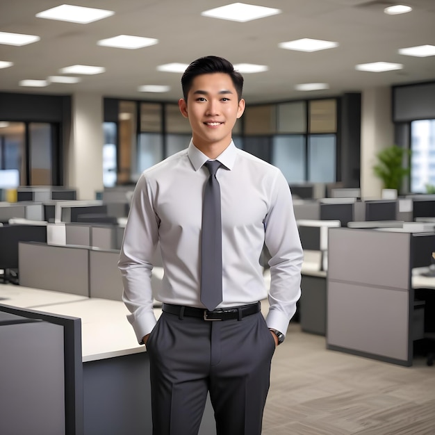 a man in a white shirt and tie stands in an office with many office cubicles