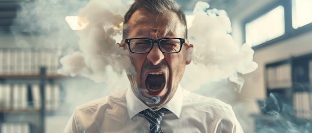 A man in a white shirt and tie with glasses expressing extreme anger with smoke coming out from both sides of his head