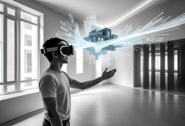 Man in a white shirt wearing a VR headset and looking at a holographic projection of a building while standing in an empty room