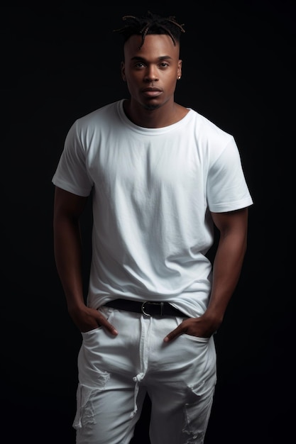 A man in a white shirt and white pants stands in a black background.