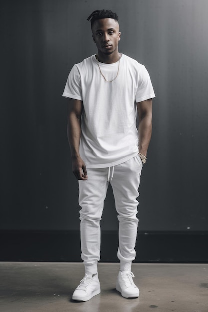 A man in a white shirt and white pants stands in front of a black background.