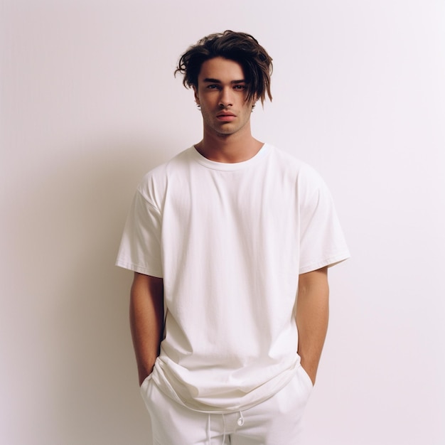 A man in a white shirt and white pants stands in front of a white wall.