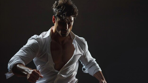 Photo a man in a white shirt and white shirt is dancing in front of a dark background