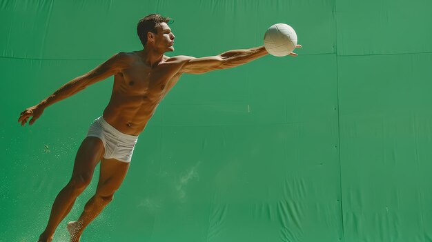 Photo a man in white shorts and a green background with a ball in front of him