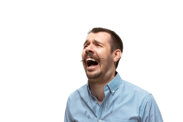 Man on white studio background, funny meme emotions