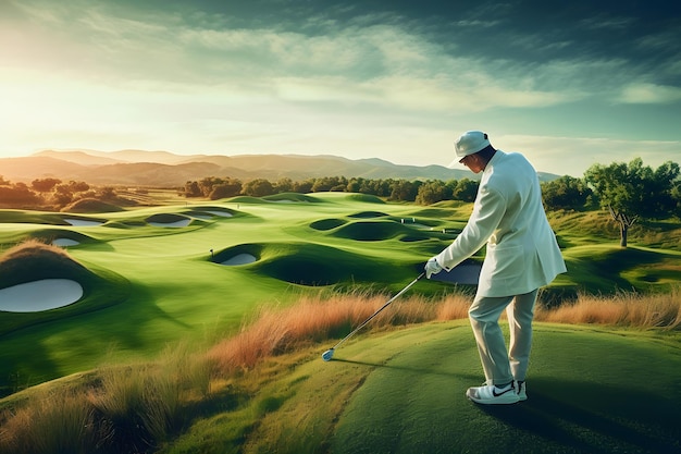 A man in a white suit plays golf on a golf course with a sunset in the background.