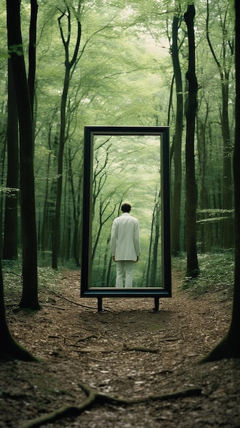 Photo man in white suit reflecting on a mirror in a forest