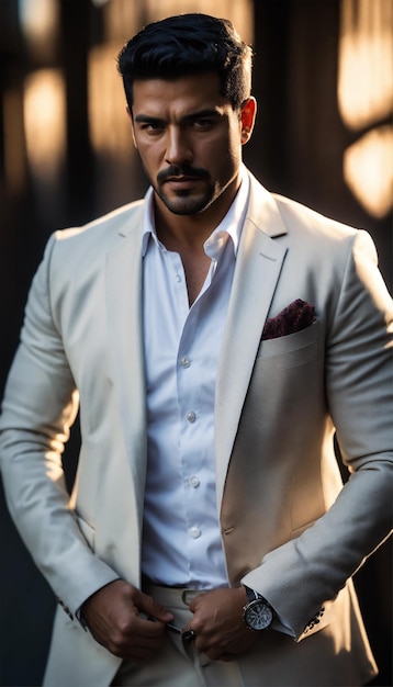 a man in a white suit stands in front of a wall with a red pocket square