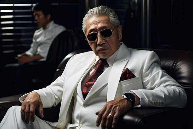 Photo a man in a white suit and sunglasses sitting in a chair