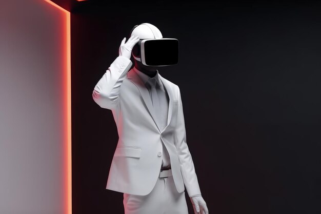 Man in white suit wearing virtual reality glasses generative ai