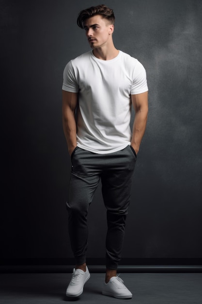 A man in a white t - shirt and black pants stands against a black background.