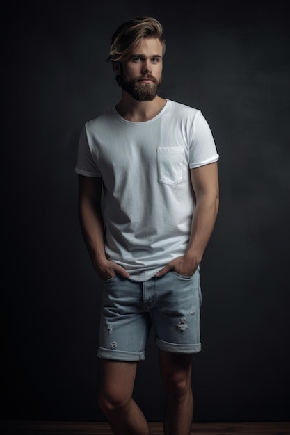 A man in a white t - shirt and blue denim shorts stands in a dark room.