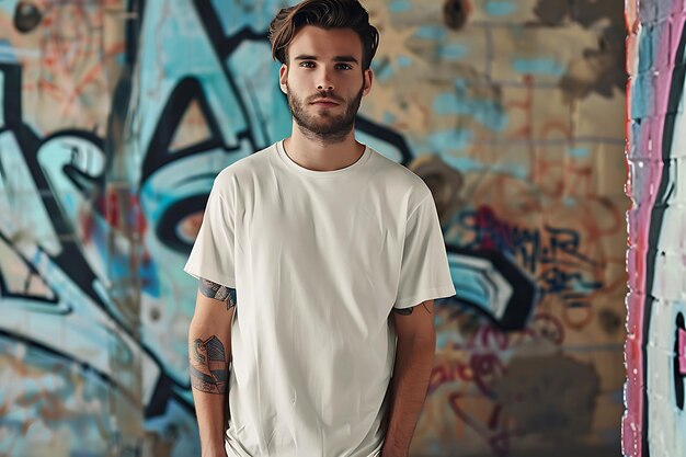 Photo man white t shirt mockup man blank t shirt mockup man is standing in front of graffiti wall