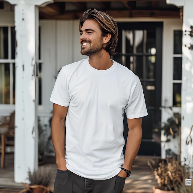 Man in white t shirt standing outside a home