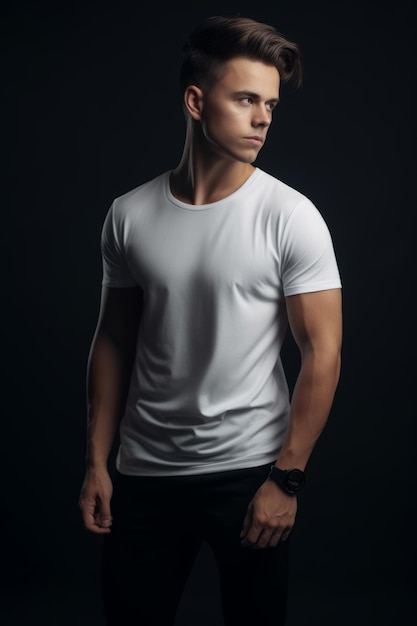 A man in a white t - shirt stands in a black background