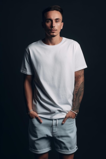 A man in a white t - shirt stands in a black background